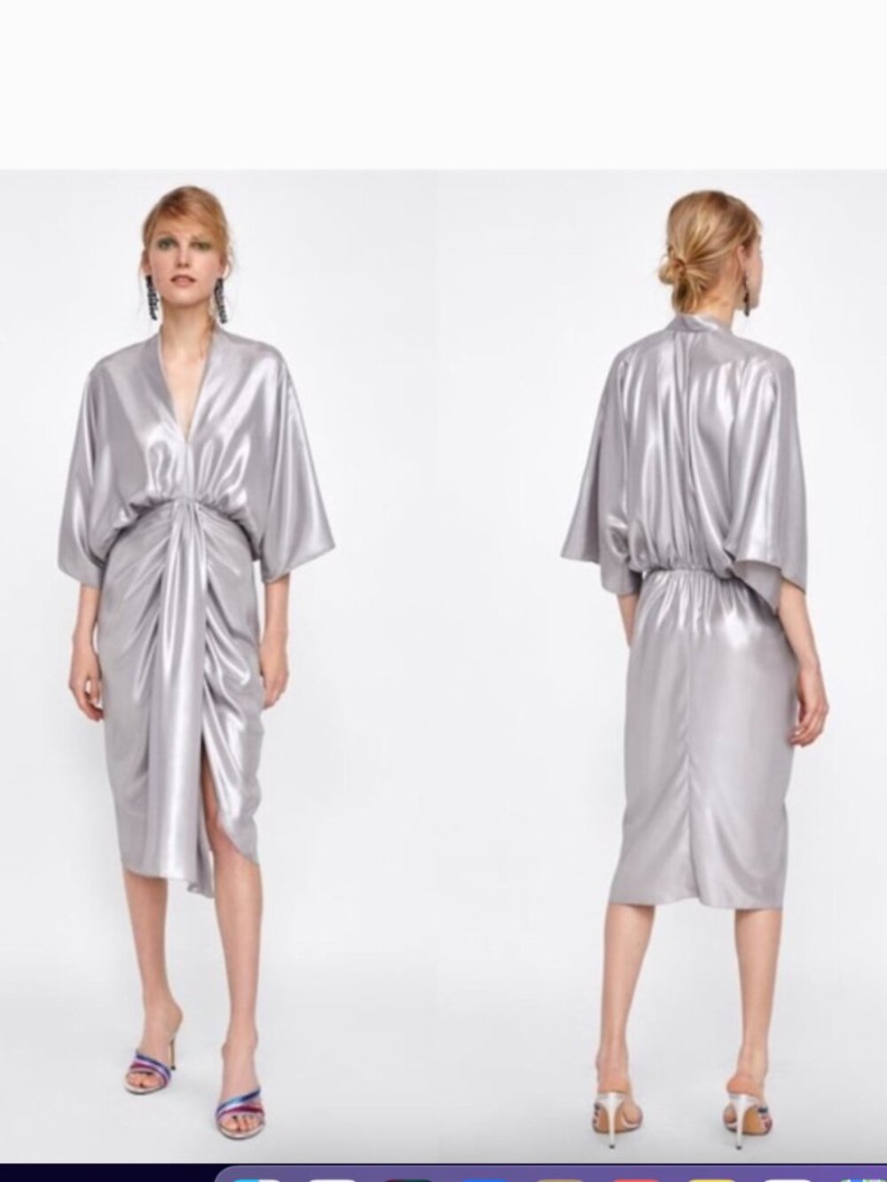 NWT Zara Silver Kaftan Kimono Style dress Deep V neck Butterfly sleeves sz S